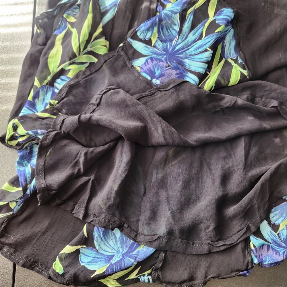 Vintage 90s Black Floral Midi Dress Crinkle Fairy Grunge Blue Lola P Medium - Picture 12 of 16